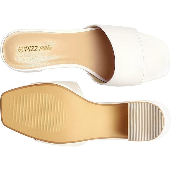 Women's Low Chunky Block Square Open Toe White Heeled Sandal Slip on Mules Shoes - Picture 5 of 5